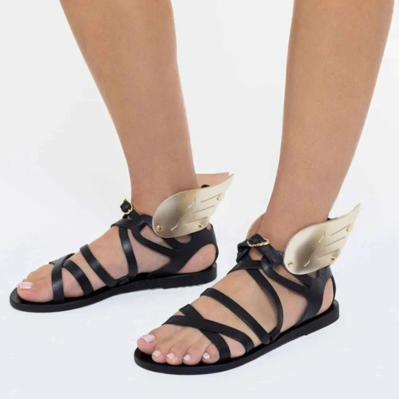 Ancient Greek Sandals Nephele Winged Open Toe Shoes Leather Black Silver Size 7 - Picture 8 of 13